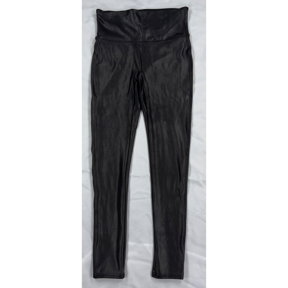 SPANX‎ Faux Leather Leggings Black Petite Medium High Rise Pull On Shaping